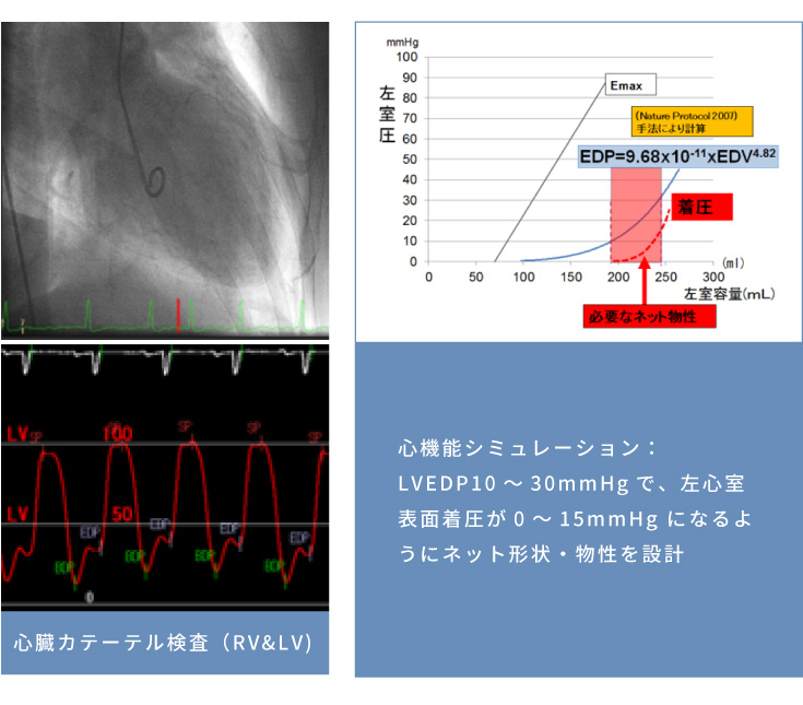 心臓カテーテル検査（RV&LV) 心機能シミュレーション：LVEDP10～30mmHgで、左心室表面着圧が0～15mmHg になるようにネット形状・物性を設計